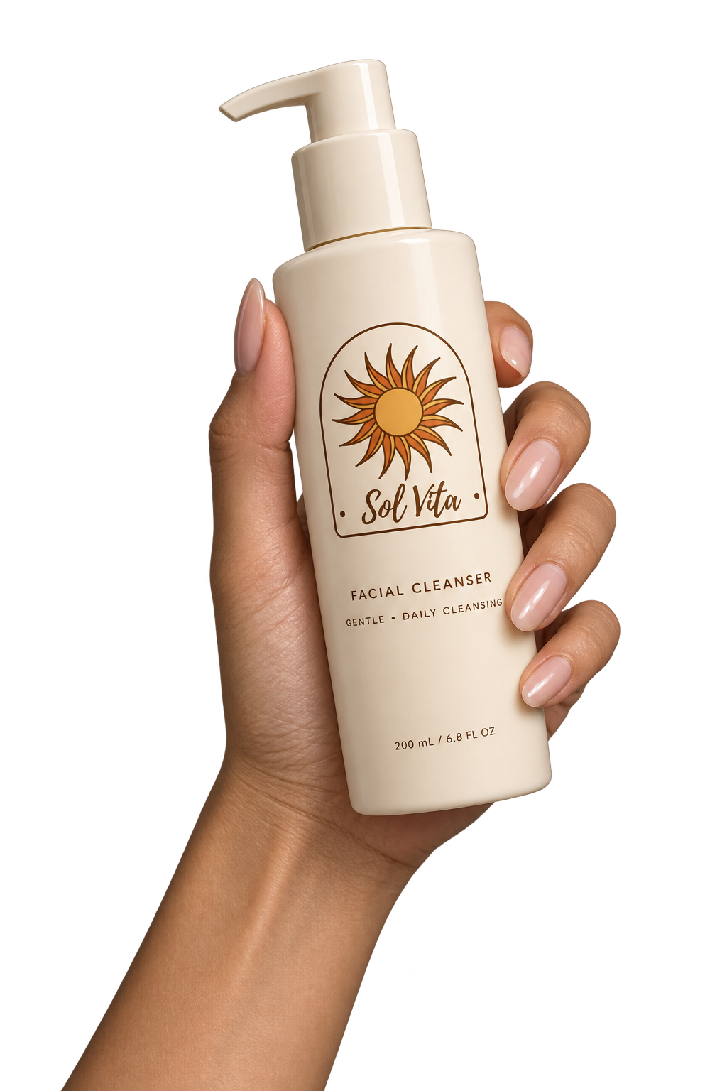 A hand holding Sol Vita facial cleanser